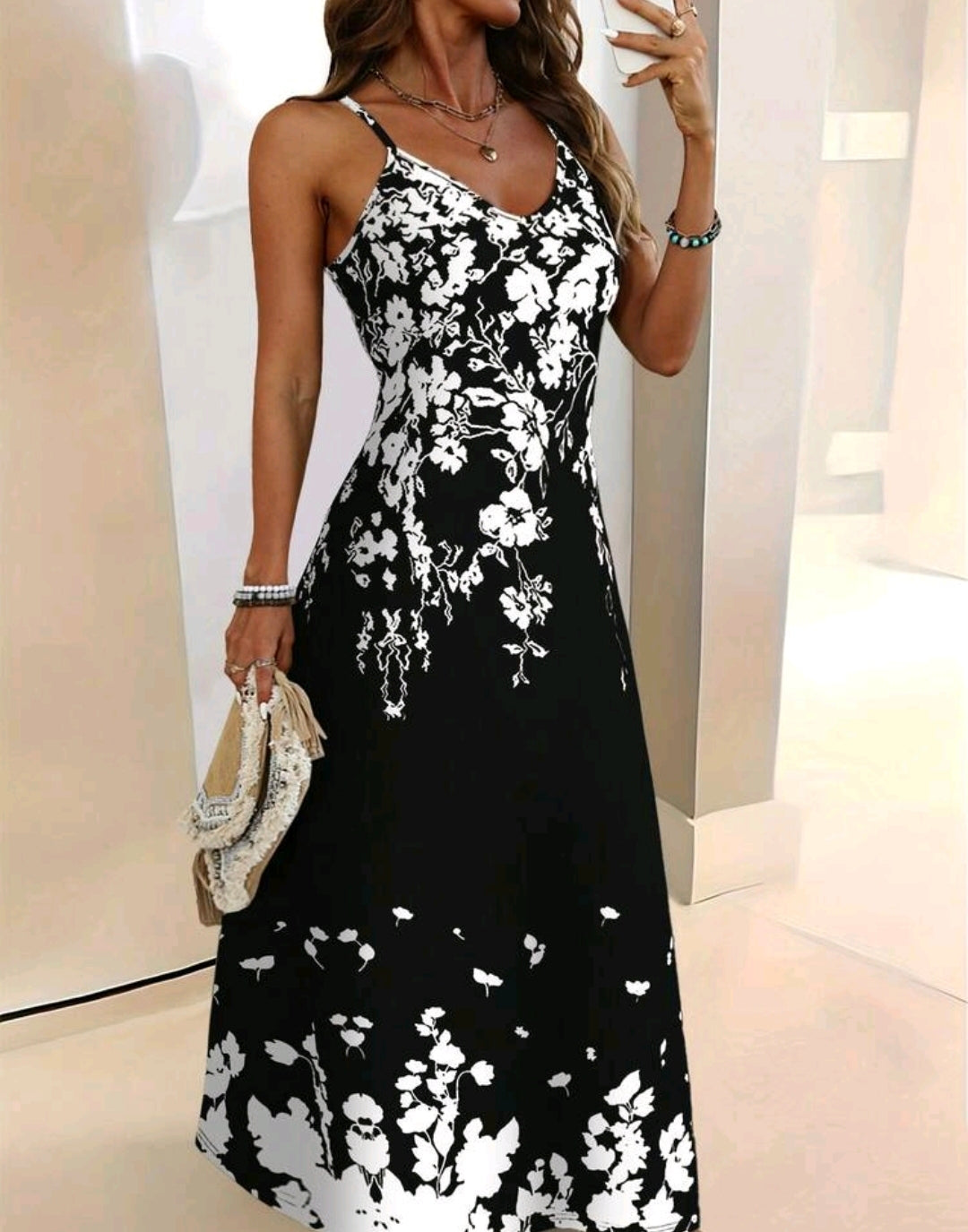 Sophia Floral Spaghetti Strap V-Neck Midi Dress Summer Mensa