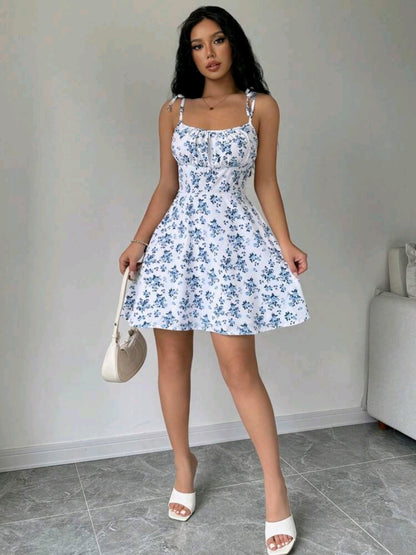 Mia White Floral Tie Strap Smocked Mini Dress Summer Mensa