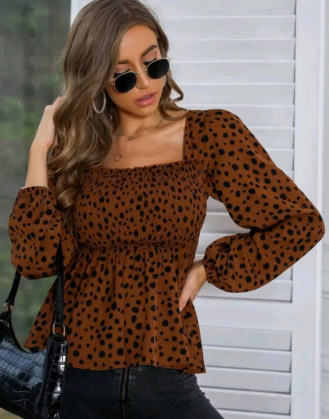 Brown Polka Dot Square Neck Peplum Top Summer Mensa