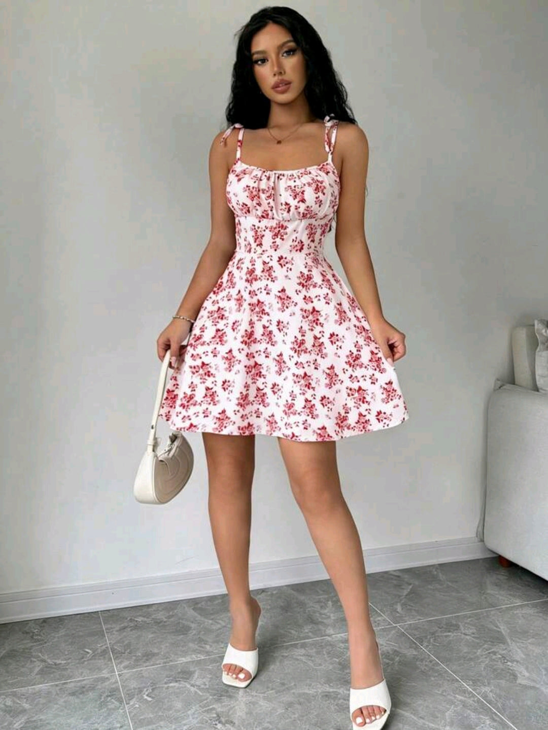 Mia White Floral Tie Strap Smocked Mini Dress Summer Mensa