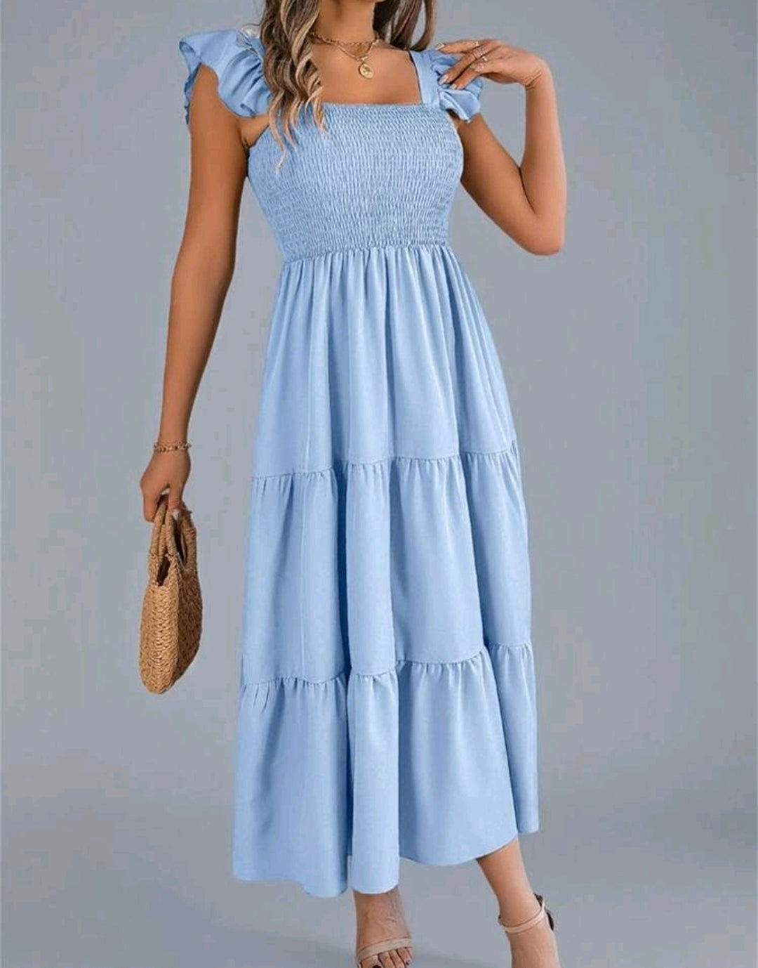 Ava Smocked Square Neck Tiered Midi Dress Summer Mensa