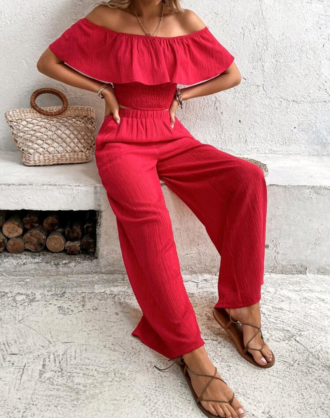 Elena Off Shoulder Ruffle Wide Leg Pants Set Summer Mensa