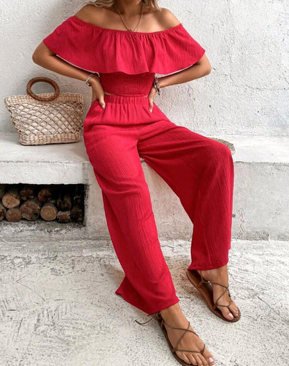 Elena Off Shoulder Ruffle Wide Leg Pants Set Summer Mensa