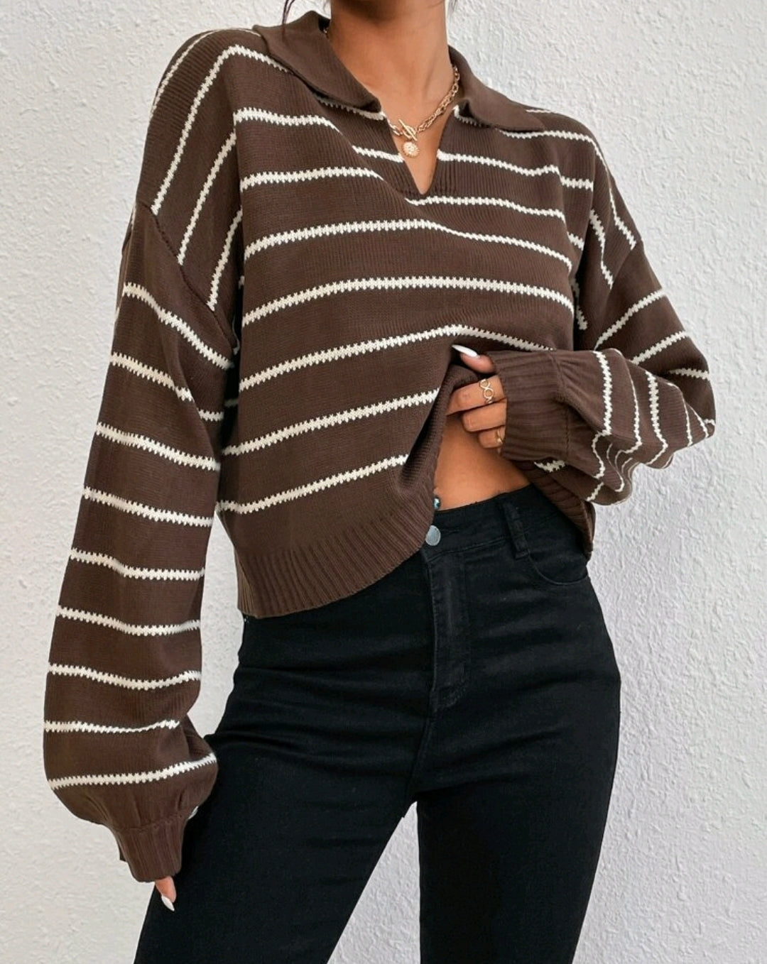 Liora Striped Drop-Shoulder Polo Knit Sweater Fall Mensa