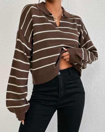 Liora Striped Drop-Shoulder Polo Knit Sweater Fall Mensa