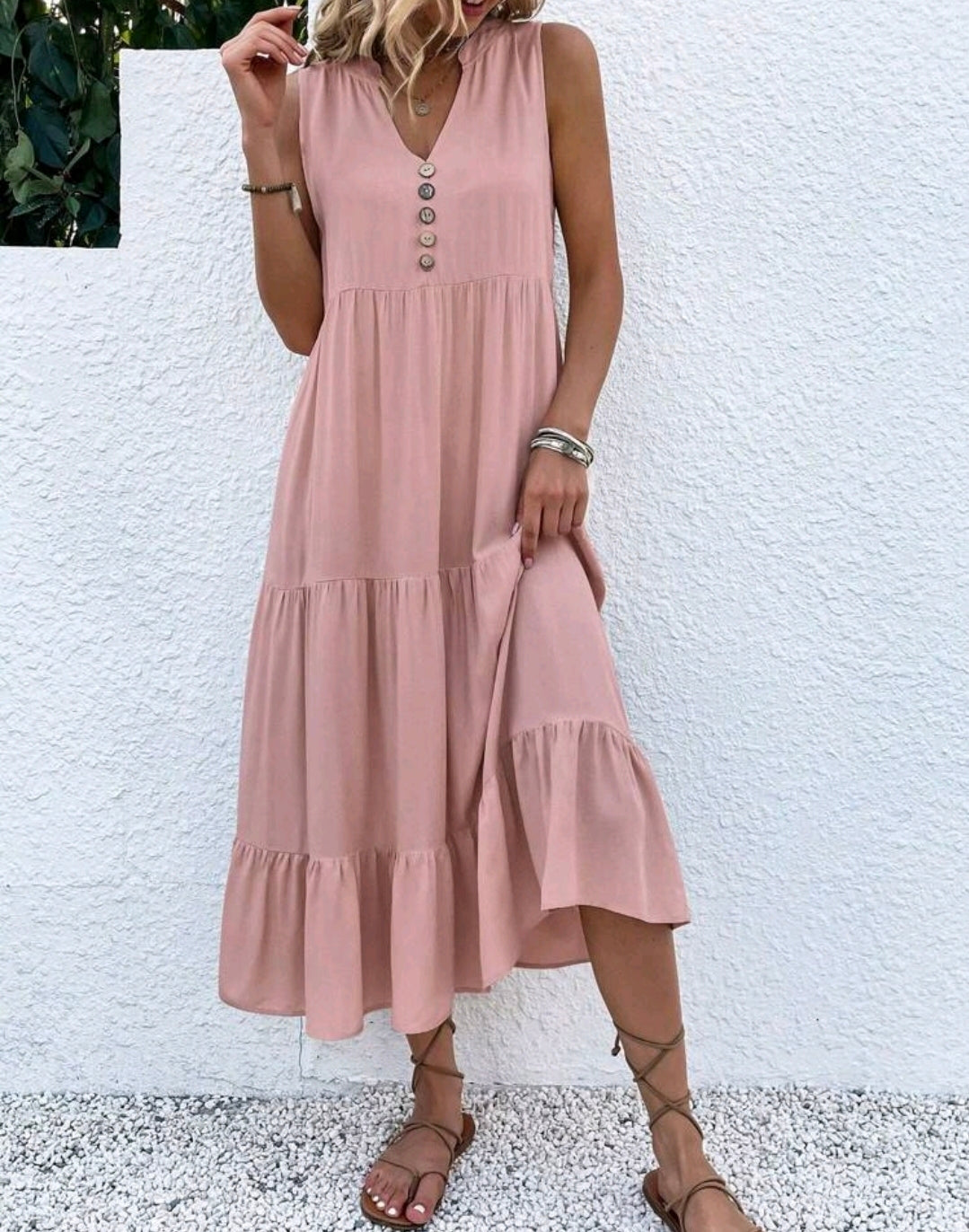 Luna Smocked V-Neck Tiered Ruffle Midi Dress Summer Mensa