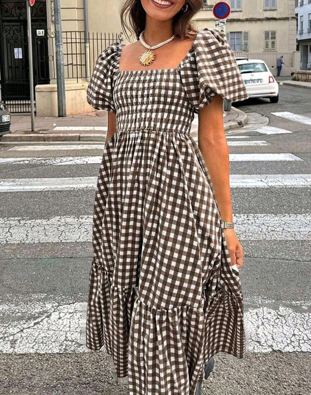 Isabella Gingham Square Neck Puff Sleeve Maxi Dress Summer Mensa