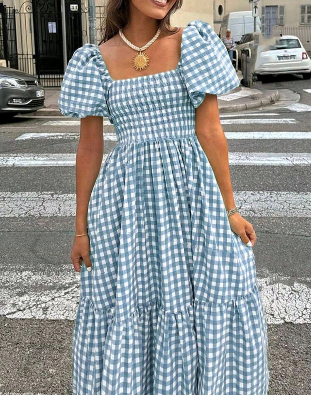 Mia Gingham Smocked Square Neck Tiered Maxi Dress Summer Mensa