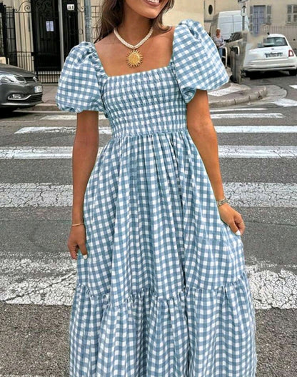 Mia Gingham Smocked Square Neck Tiered Maxi Dress Summer Mensa